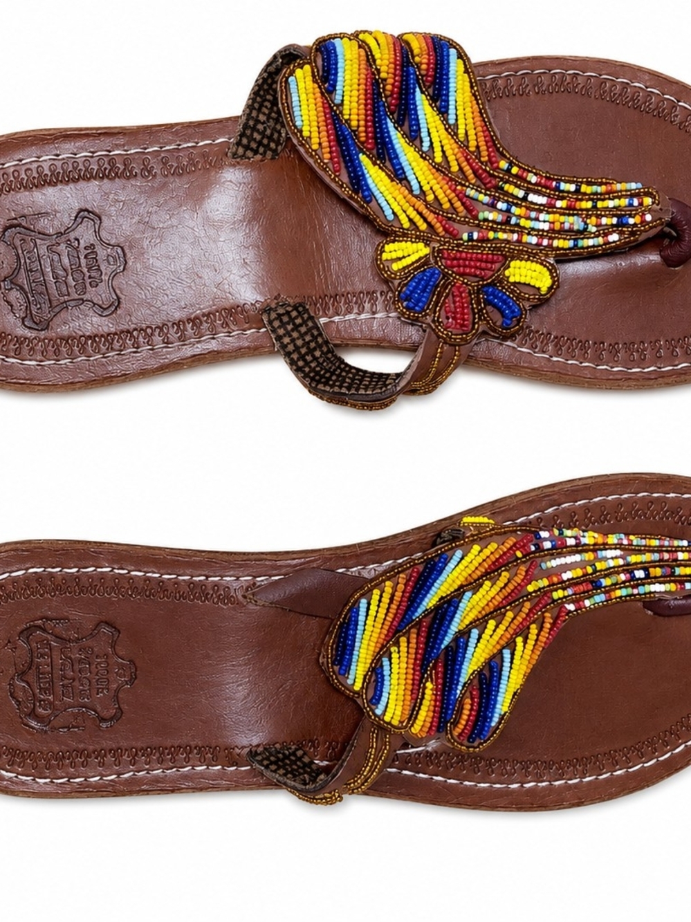Brown Leather Men’s Beaded Toe-Post Sandals - Multicolor Accent Usa Wize 9.5